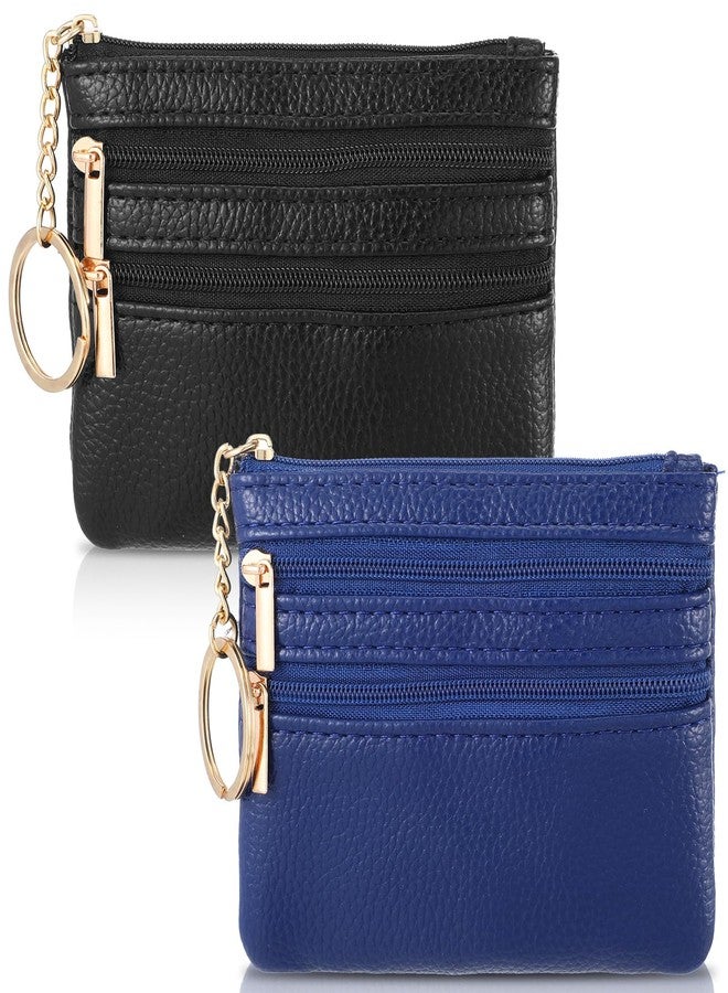 Zelphvt 2 PCS Leather Coin Purse for Women Wallet with Coin Pouch Small Change Purse with Keychain for Women and Men Black Blue - Image 1